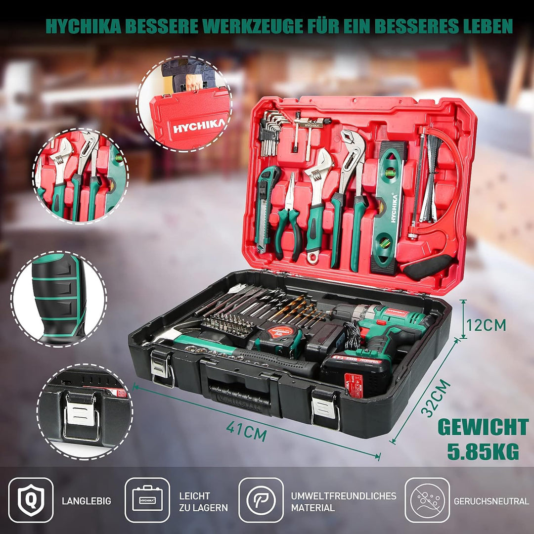 HYCHIKA DIY Werkzeugkoffer Gefüllt Profi, mit Akku Bohrschrauber 30Nm + 104-tlg Hochwertiges Haushal