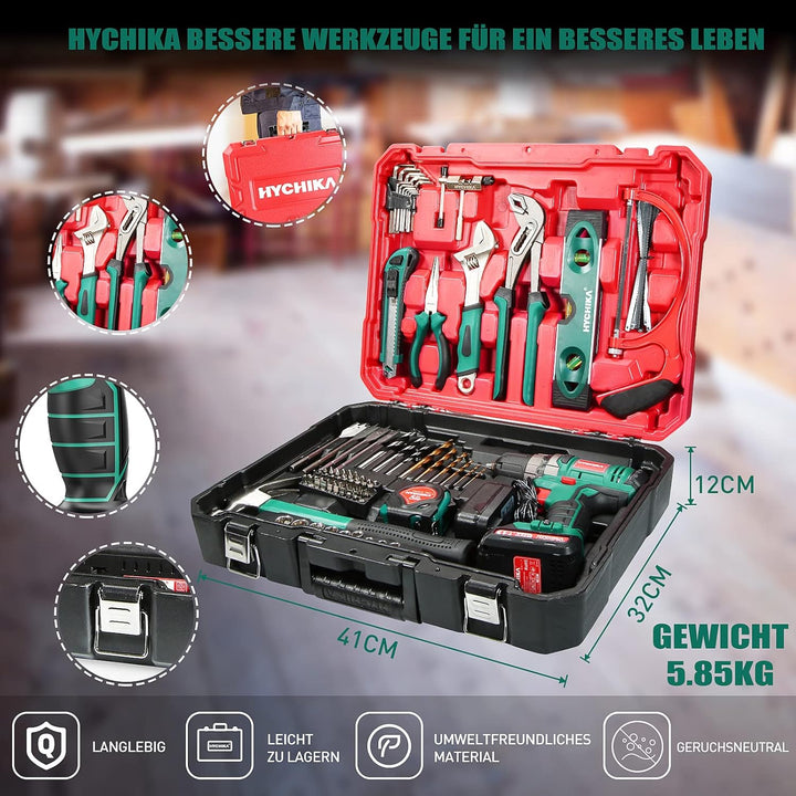HYCHIKA DIY Werkzeugkoffer Gefüllt Profi, mit Akku Bohrschrauber 30Nm + 104-tlg Hochwertiges Haushal