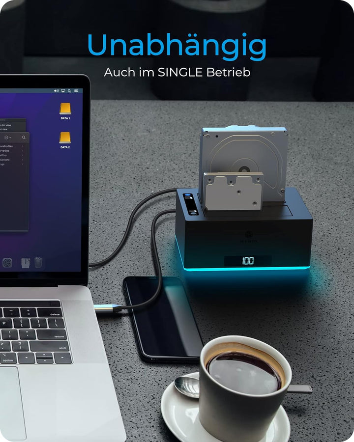 ICY BOX USB 3.0 2-Fach Festplatten Docking Station für 2,5" und 3,5" SATA HDD/SSD, RGB, Offline-Klon
