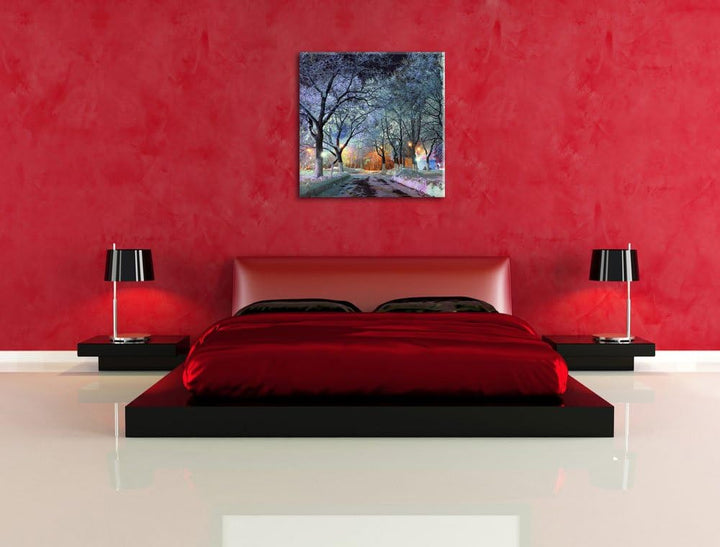Baumallee im Winter, Format: 70x70 auf Leinwand, XXL riesige Bilder fertig gerahmt mit Keilrahmen, K