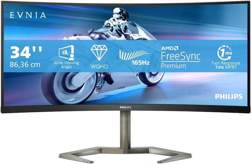 Philips Evnia 34M1C5500VA - 34 Zoll WQHD Curved Gaming Monitor, 1 ms MPRT, 165 Hz, FreeSync Premium,