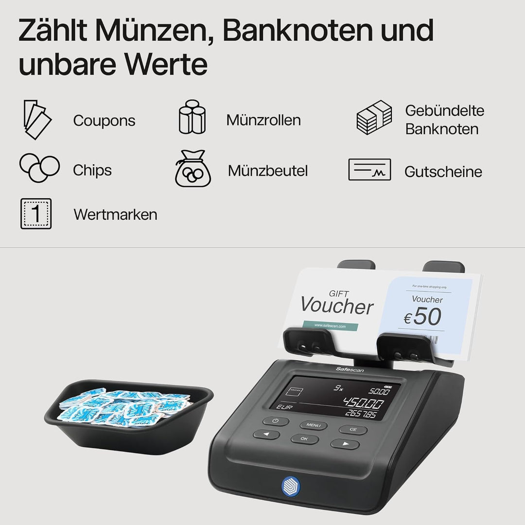 Safescan 6165 Geldzählmaschine, Wertzählung für Münzen und Banknoten, Vouchers und Chips - Münzzähle