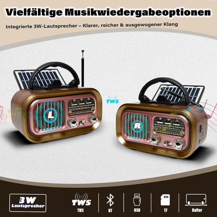Retro Radio mit mit Solarzelle, AM/FM/SW Klein Radio Batteriebetrieben und Küchenausführung 1200mAh
