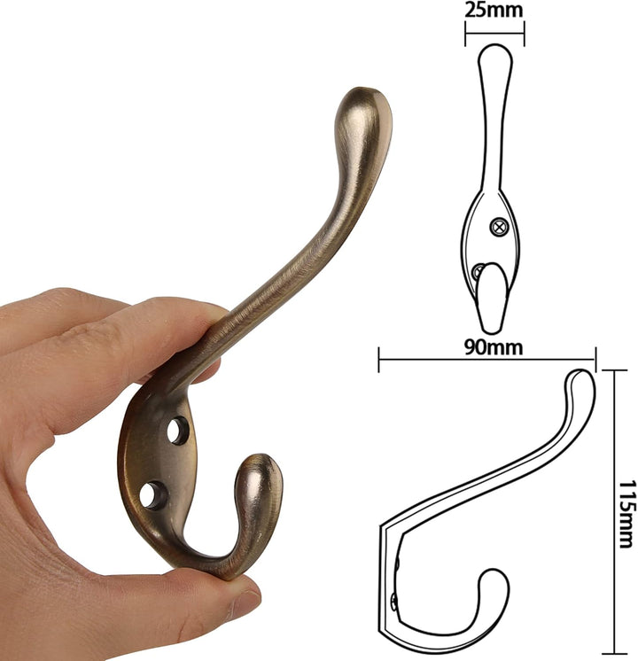 HASWARE 6 STÜCKE Doppelzinken-Kleiderhaken, Doppelmantelhaken mit 12 Schrauben, Antik-Wandhaken, Rob