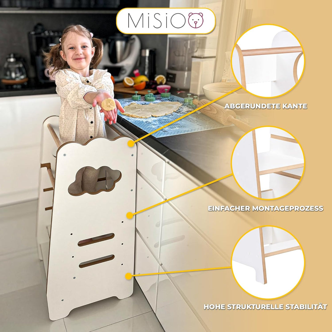 MISIOO Lernturm Ab 1 Jahr - Learning Tower - Höhenverstellbar Montessori Lernturm mit Kippschutz - M