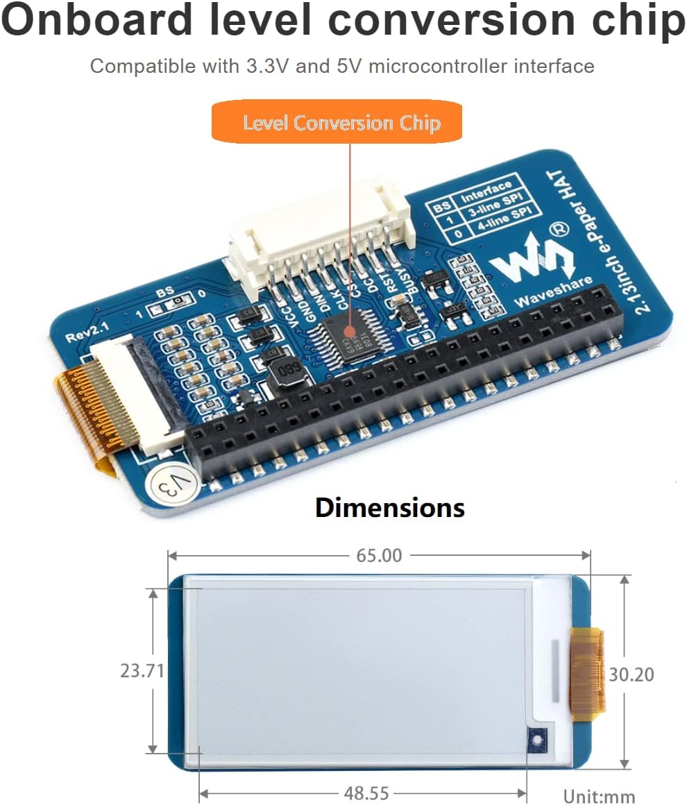 waveshare 2.13inch E-Paper Display HAT V4 Version 250x122 Resolution 3.3V/5V Two-Color e-Ink Display