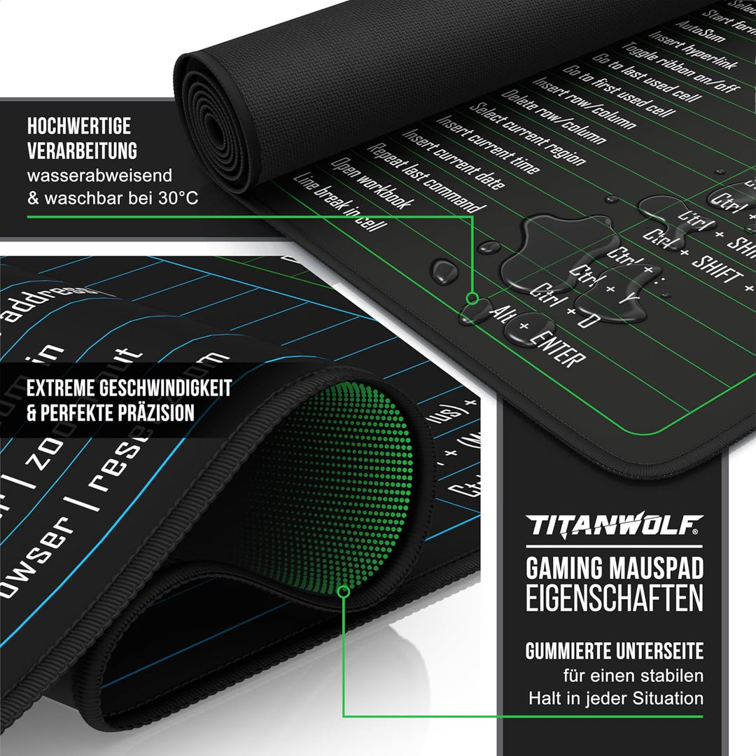 TITANWOLF - XXL Speed Gaming Mauspad 1200 x 600mm - Excel Windows Outlook Word Shortcut Tastenkürzel