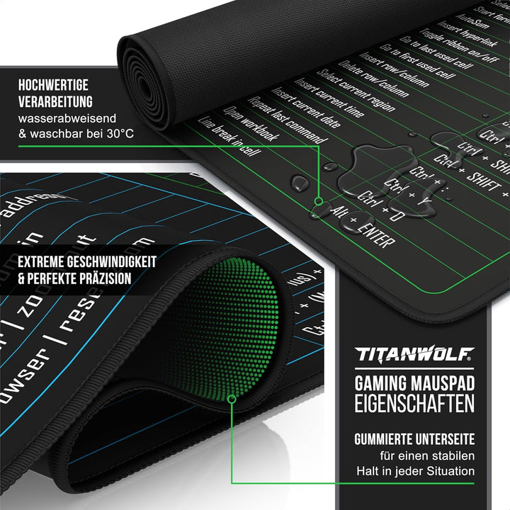 TITANWOLF - XXL Speed Gaming Mauspad 1200 x 600mm - Excel Windows Outlook Word Shortcut Tastenkürzel