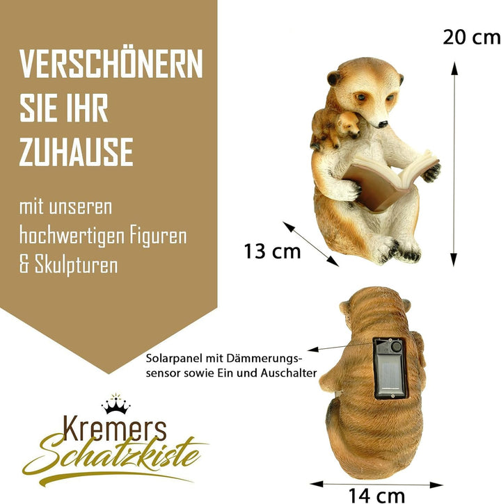 Kremers Schatzkiste Solar Erdmännchen Mama liest Kind vor Figur Gartenfigur 20 cm Meercat Tierfigur