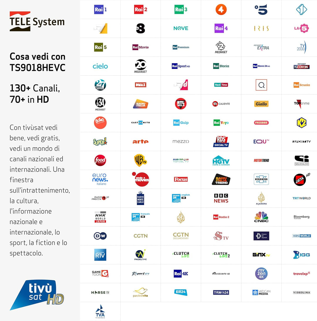 Tele System Satellitendecoder TS9018HEVC Tivùsat HD Classic: Zugang zu über 70 kostenlosen HD-Kanäle