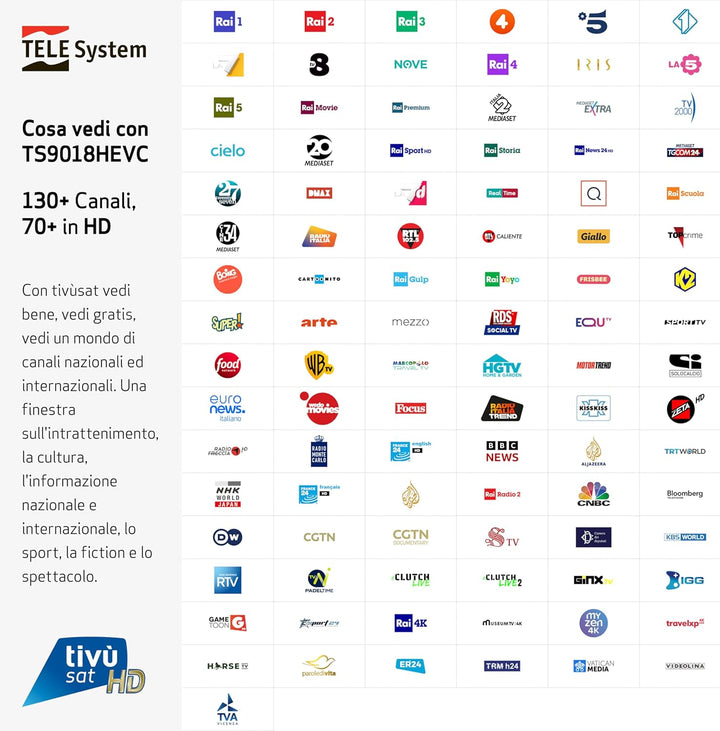Tele System Satellitendecoder TS9018HEVC Tivùsat HD Classic: Zugang zu über 70 kostenlosen HD-Kanäle