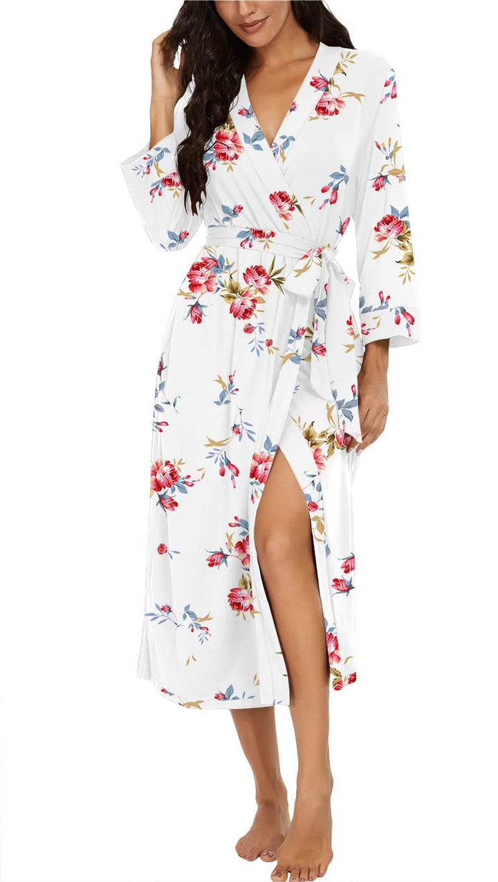 PrinStory Damen Bademantel Leichter 3/4 Ärmeln Morgenmantel V-Ausschnitt Kimono Roben Langes Nachtwä