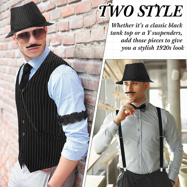 Blulu 1920er Jahre Herren Accessoires mit Weste Fedora Hut Taschenuhr Hosenträger Krawatte (Schwarz