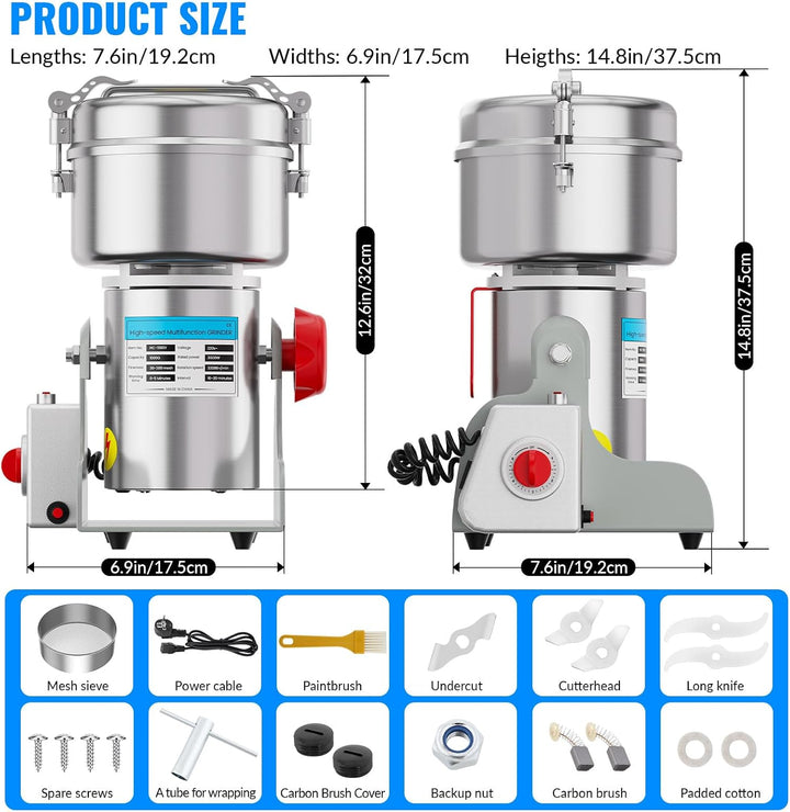 Elektrische Getreidemühle 1000g – 2400W Hochleistungsmotor, 30-300 Mesh Feinheit, 3-stufiges Messers
