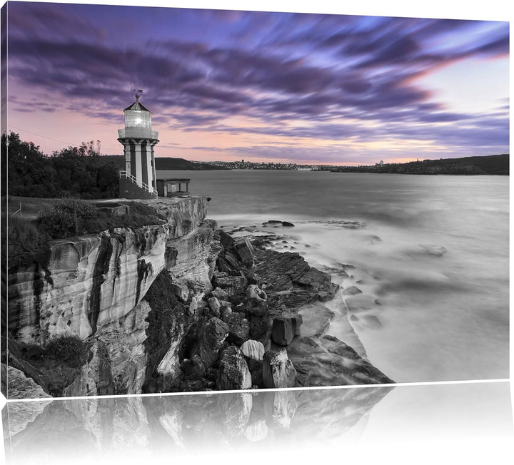 Leuchtturm an Klippe schwarz/weiss Format: 100x70 auf Leinwand, XXL riesige Bilder fertig gerahmt mi