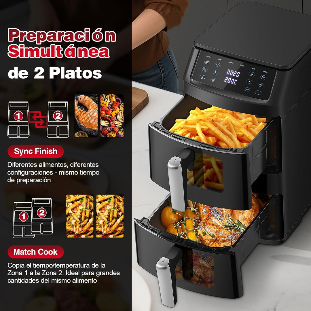 TopStrong Doppelkammer Heissluftfritteuse, 2500W Vertikale Double Stack Airfryer 2 Kammern mit Sicht