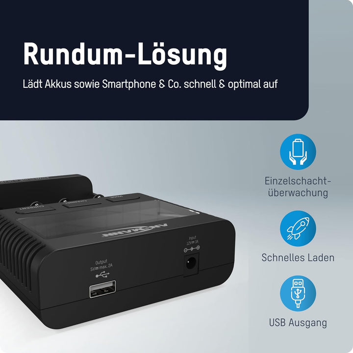 ANSMANN Akku-Ladegerät für AA/AAA/C/D NiMH Akkus & Li-Ion 18650/26650 Batterieladegerät mit 4 Ladepr