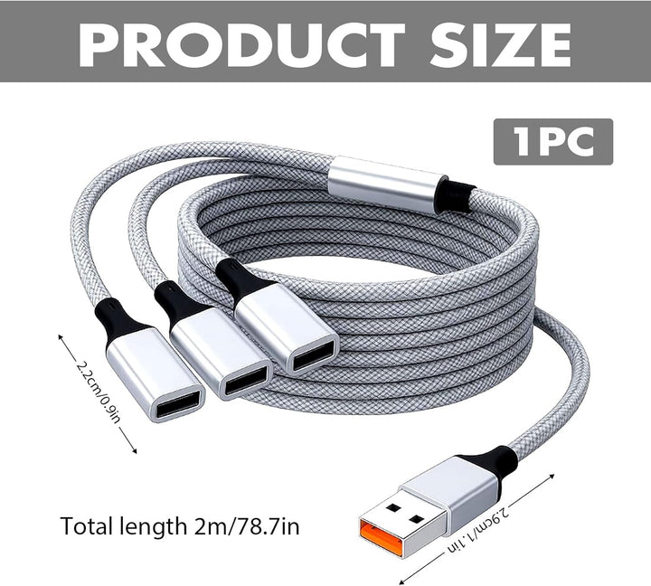 USB Splitter 1 auf 3, 2m USBHUB 2m Adapter mit USBStecker auf 3 USBA Buchsen, USB Verteiler für Date