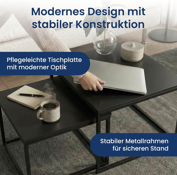 Couchtisch 2er Set quadratisch schwarz aus Holz, Wohnzimmertisch Modern, Beistelltisch Set 2 in 1 mi