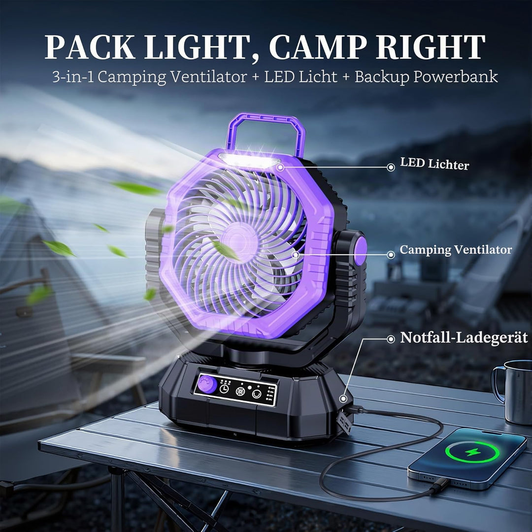 VTHW Camping Ventilator, 20000mAh Wiederaufladbarer Ventilator mit LED Licht & Haken, 270° Drehung,