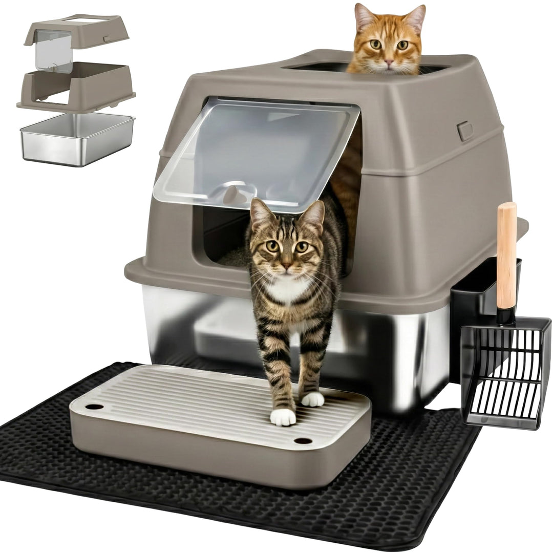 Katzenklo Edelstahl mit Deckel XXL – Geschlossene Katzentoilette mit 2 Eingängen, Trittstufe, Schauf