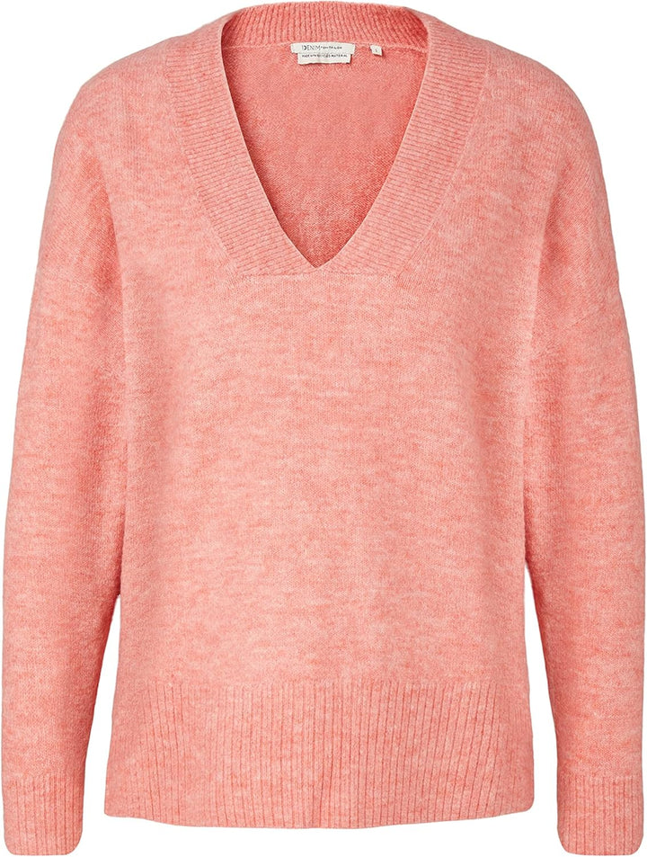TOM TAILOR Denim Damen Basic Pullover mit V-Ausschnitt XS 30562 - Peach Pink Melange, XS 30562 - Pea