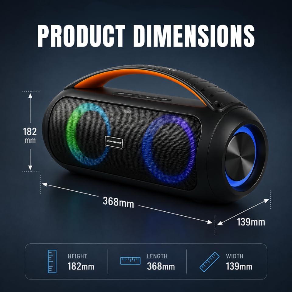 DYNASONIC D93 Tragbarer Bluetooth Lautsprecher IPX7. Kabelloser Outdoor-Lautsprecher. Stereoanlage.