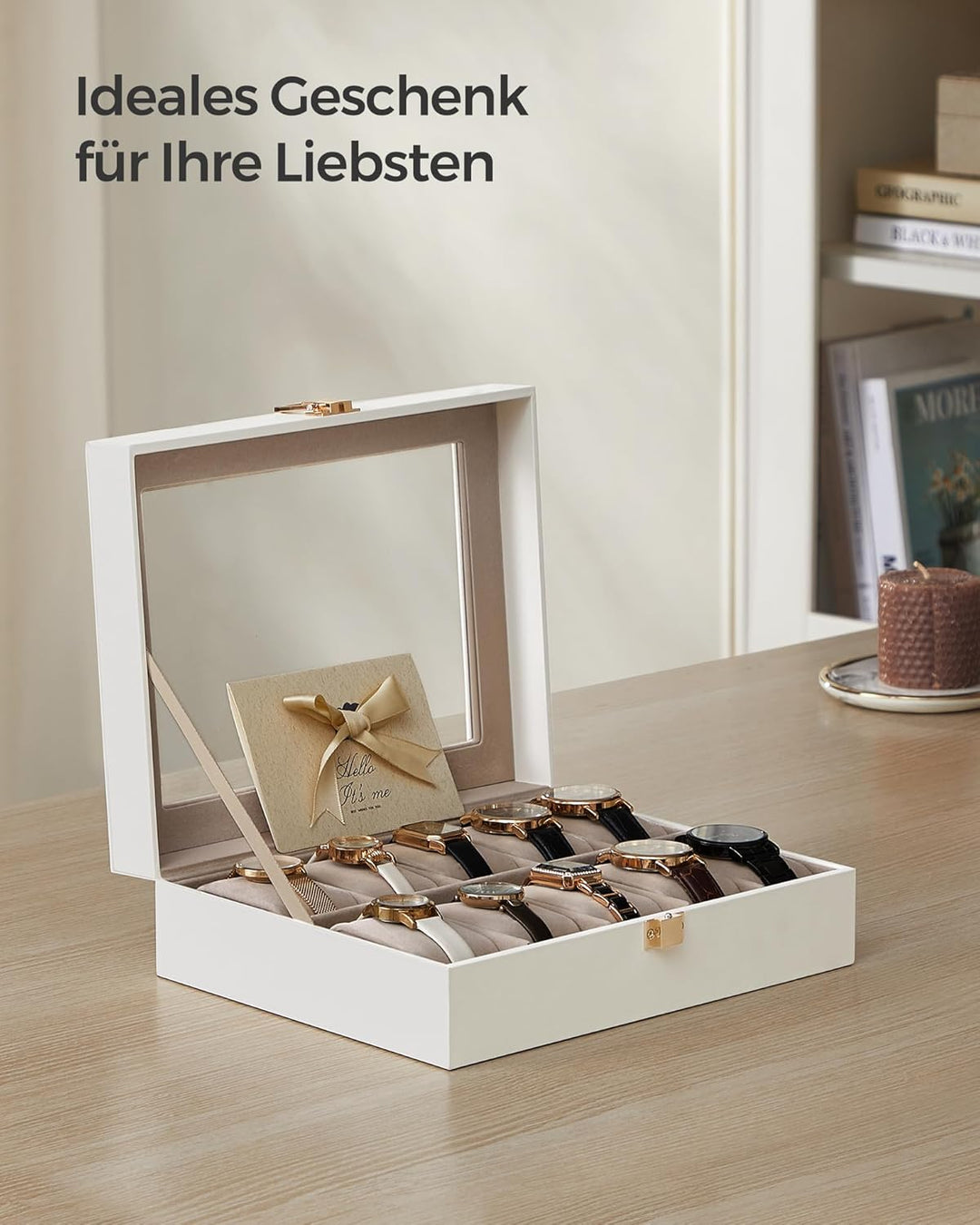 SONGMICS Uhrenbox mit 10 Fächern, Uhrenkasten, Glasdeckel, Uhrenkoffer, herausnehmbare Uhrenkissen,