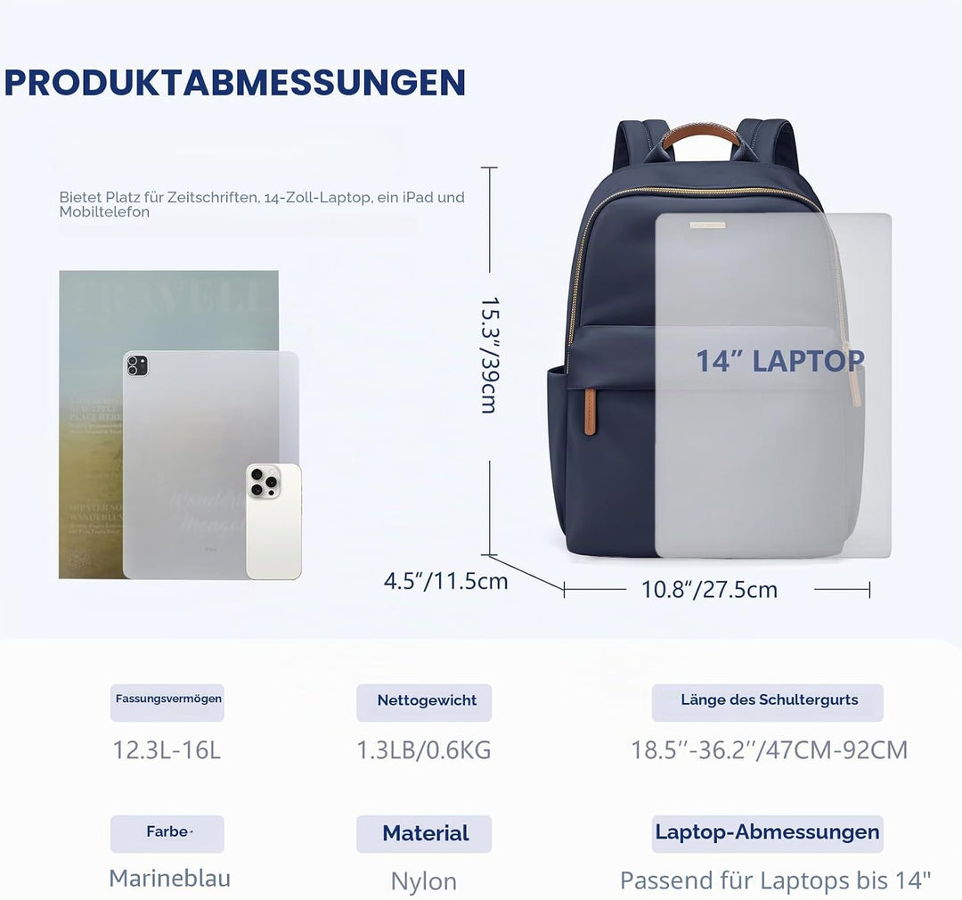 Rucksack Damen, Grosser Laptop Rucksack 14 Zoll Schulrucksack Laptoptasche mit Anti Diebstahl Backpa