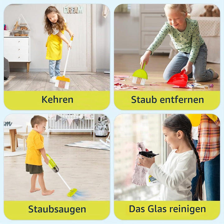 deAO Kinder Putzwagen ab 2 3 Jahre mit Wischmop, Eimer, Besen, Staubsauger, Bürsten, Kehrschaufel, H