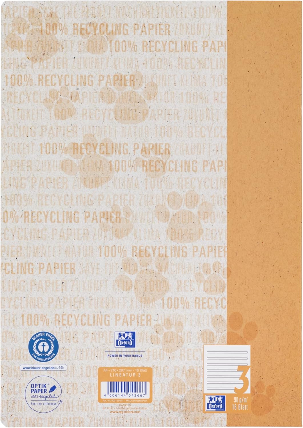 Oxford Schulheft A4 Recycling, 16 Blatt, Lineatur 3, liniert, 15 Stück