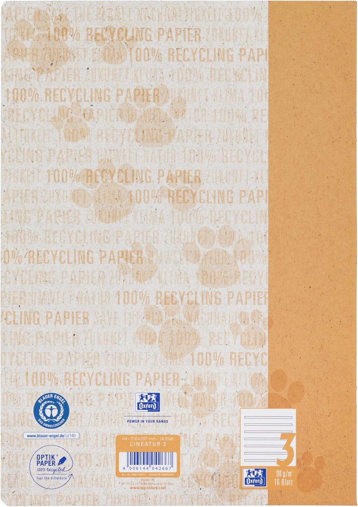 Oxford Schulheft A4 Recycling, 16 Blatt, Lineatur 3, liniert, 15 Stück