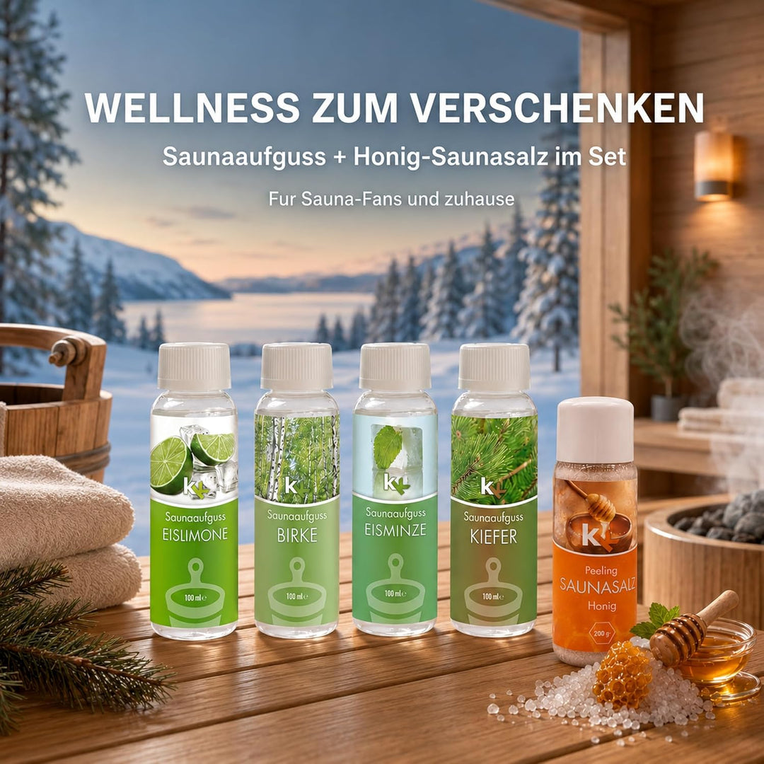 KK Sauna -Set mit Salz Peeling | KK Saunaaufgussset "Skandinavien" 4 x 100 ml + 200 g KK Saunasalz "