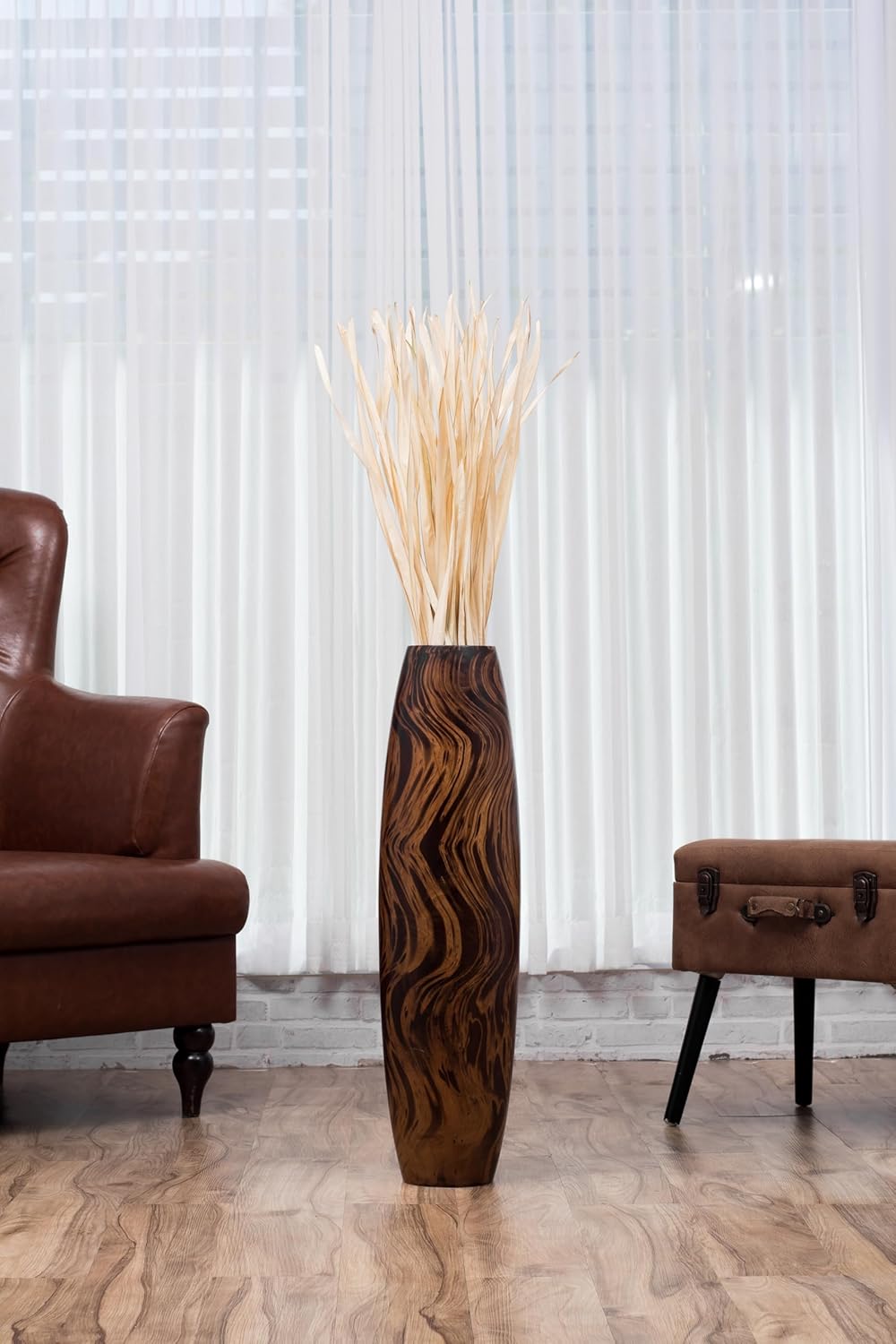 Leewadee Grosse Bodenvase für Dekozweige hohe Standvase Design Holzvase, Holz, 70 cm, Braun Hellbrau