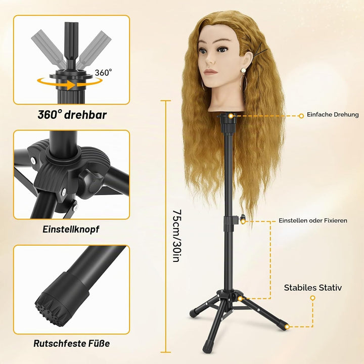 Frisierkopf Echthaar mit Stativ, Trainingskopf mit 90% Echthaar 61cm/24inch, Schaufensterpuppe Kopf