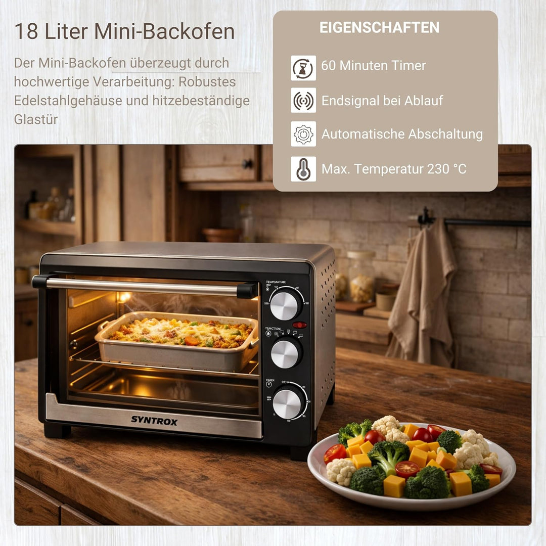 Syntrox 18 l Kleiner Mini Backofen Bokabu | Miniofen | Pizzaofen | Pizzabackofen, 1200 Watt, mit Tim