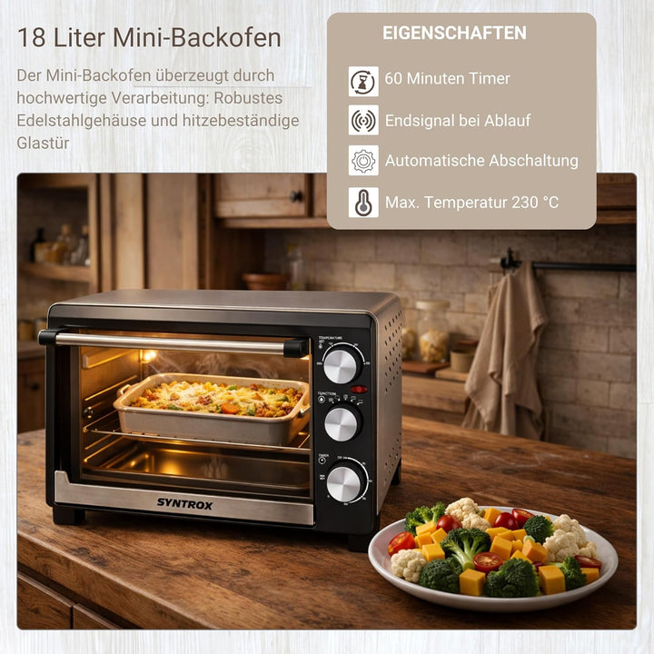 Syntrox 18 l Kleiner Mini Backofen Bokabu | Miniofen | Pizzaofen | Pizzabackofen, 1200 Watt, mit Tim