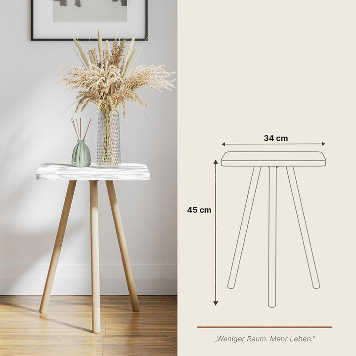Beistelltisch Creme Marmor Optik 34x45 cm Holzbeine Sofatisch Creme-marmor Quadratisch, Creme-marmor