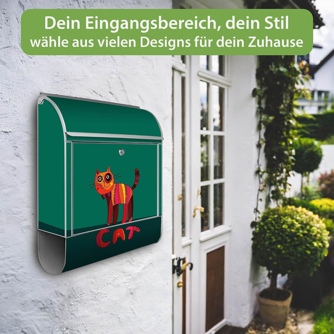 banjado® Design Briefkasten mit Motiv Orange Katze 39x47x14cm &amp; 2 Schlüssel - Briefkasten Stahl Silb