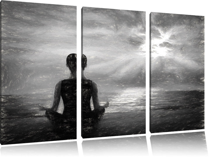 Pixxprint Frau meditiert am Strand als Leinwandbild/Grösse: 3 Teilig (120x80) cm/Wandbild/Kunstdruck