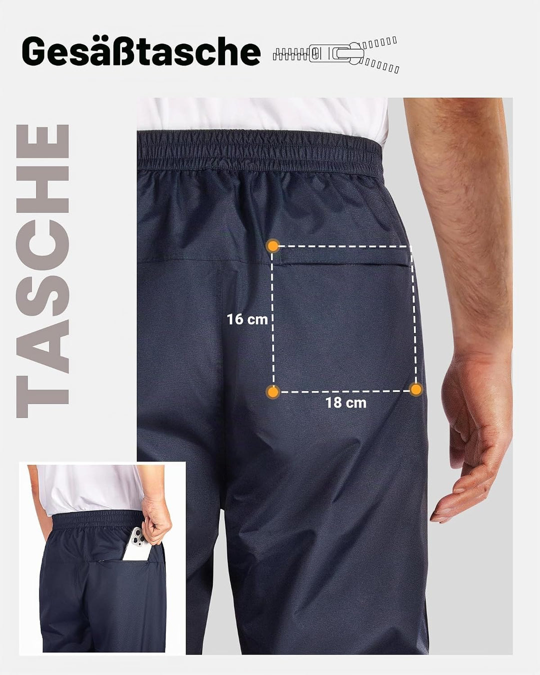 Regenhose Herren Wasserdicht Full Zip Wanderhose, Atmungsaktiv 2-Lagen Überziehhose Fahrrad Hose, Wi