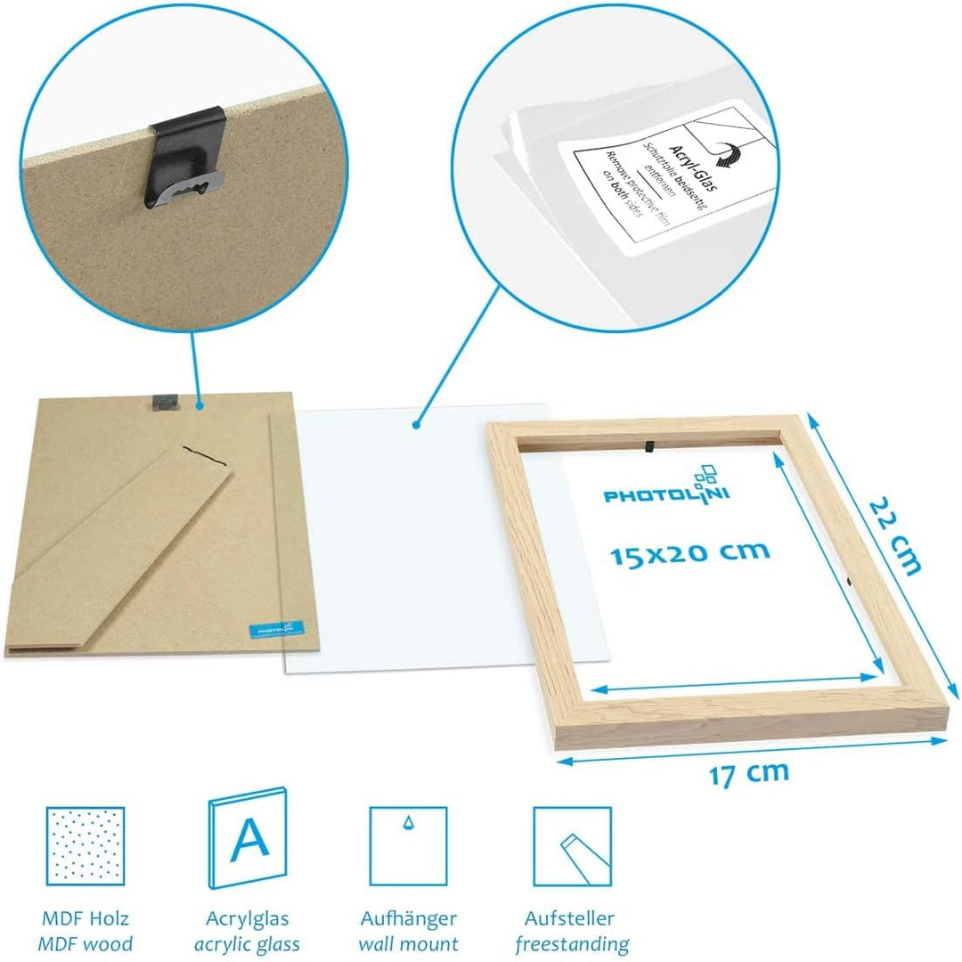 PHOTOLINI Bilderrahmen 15x20 Holz MDF Natur, 10er Set Bilderrahmen 20x15, Picture Frame mit Acrylgla