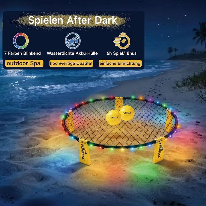 Roundnet Spiel Set 2026 – LED Leuchtversion, 2 Bälle, 7 Farben blinkend, einstellbare Netzspannung,