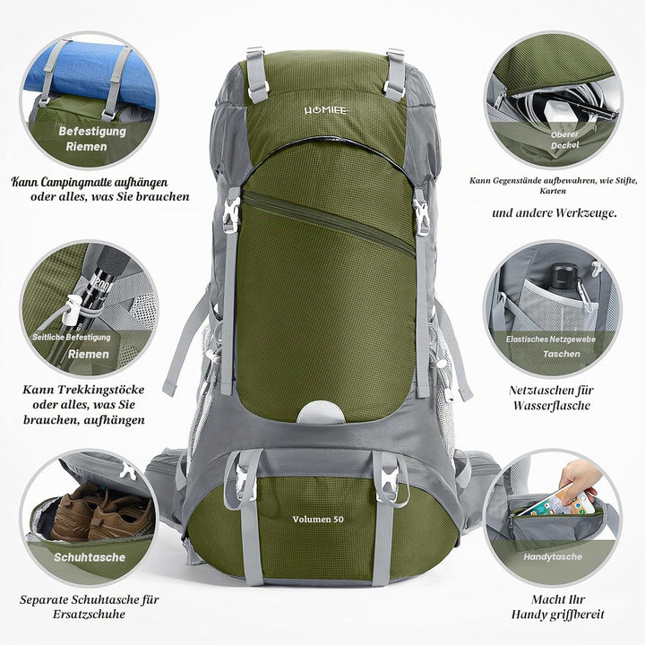 HOMIEE Wanderrucksack 50L, Herren Damen Wasserdichter Trekkingrucksack Reiserucksack Outdoor Wandern