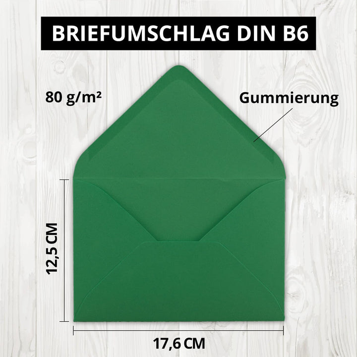 200x Brief-Umschläge in Dunkel-Grün - 80 g/m² - Kuverts in DIN B6 Format 12,5 x 17,6 cm - Nassklebun