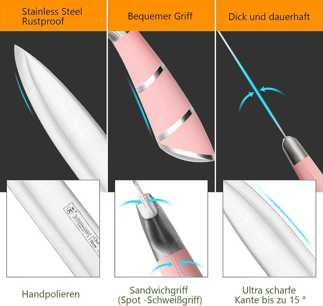 9-tlg Messerset mit Drehbare Acryl Messerblock, Rosa Sharp Antihaft Beschichtete Kochmesser Block Se