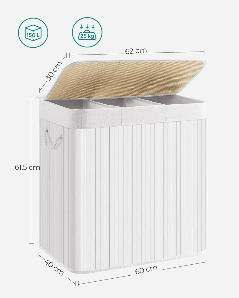 SONGMICS 150L Wäschekorb, Wäschebox mit Deckel, Wäschesortierer, aus Bambus, mit Griffen, 3 Fächern,