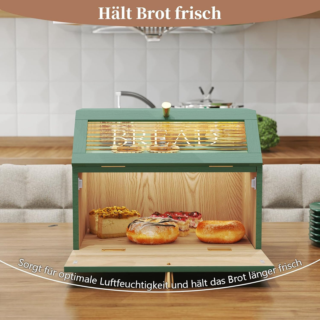 Brotkasten Holz, 2 Etagen Brot Aufbewahrungsbox, Grün Brotkasten Gross Mit Transparentem Fenster Bro