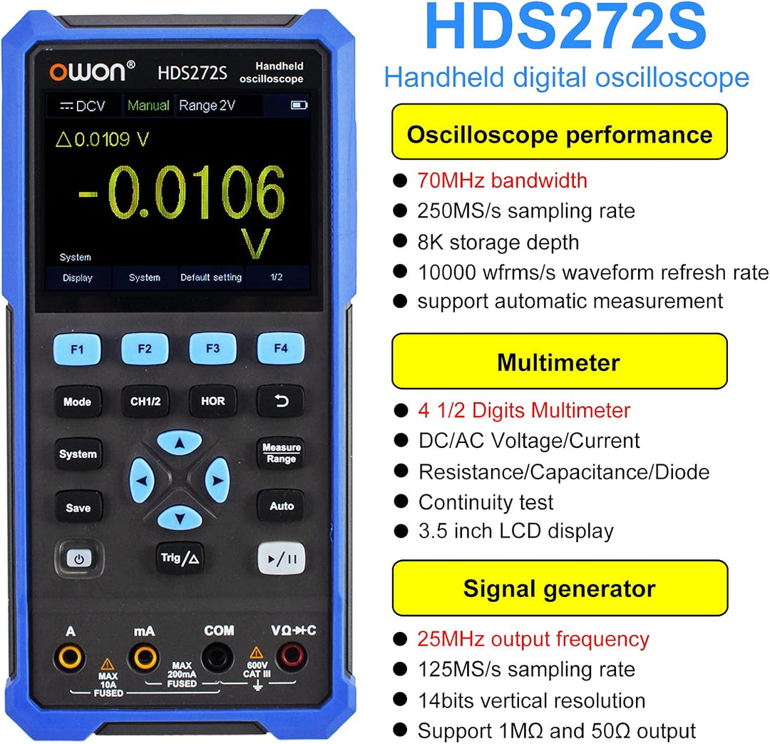 OWON HDS272S 3 in 1 Handheld Digital Oszilloskop Wellenform Generator Multimeter 2CH USB Typ C 70MHz