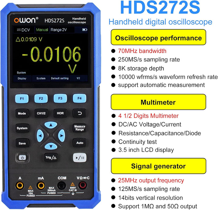 OWON HDS272S 3 in 1 Handheld Digital Oszilloskop Wellenform Generator Multimeter 2CH USB Typ C 70MHz